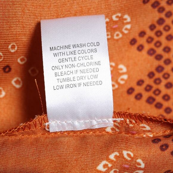 DR2 Satin Button Down Shirt Geometric Boho Vacation Resortwear Orange Pink Sze L - Picture 8 of 9